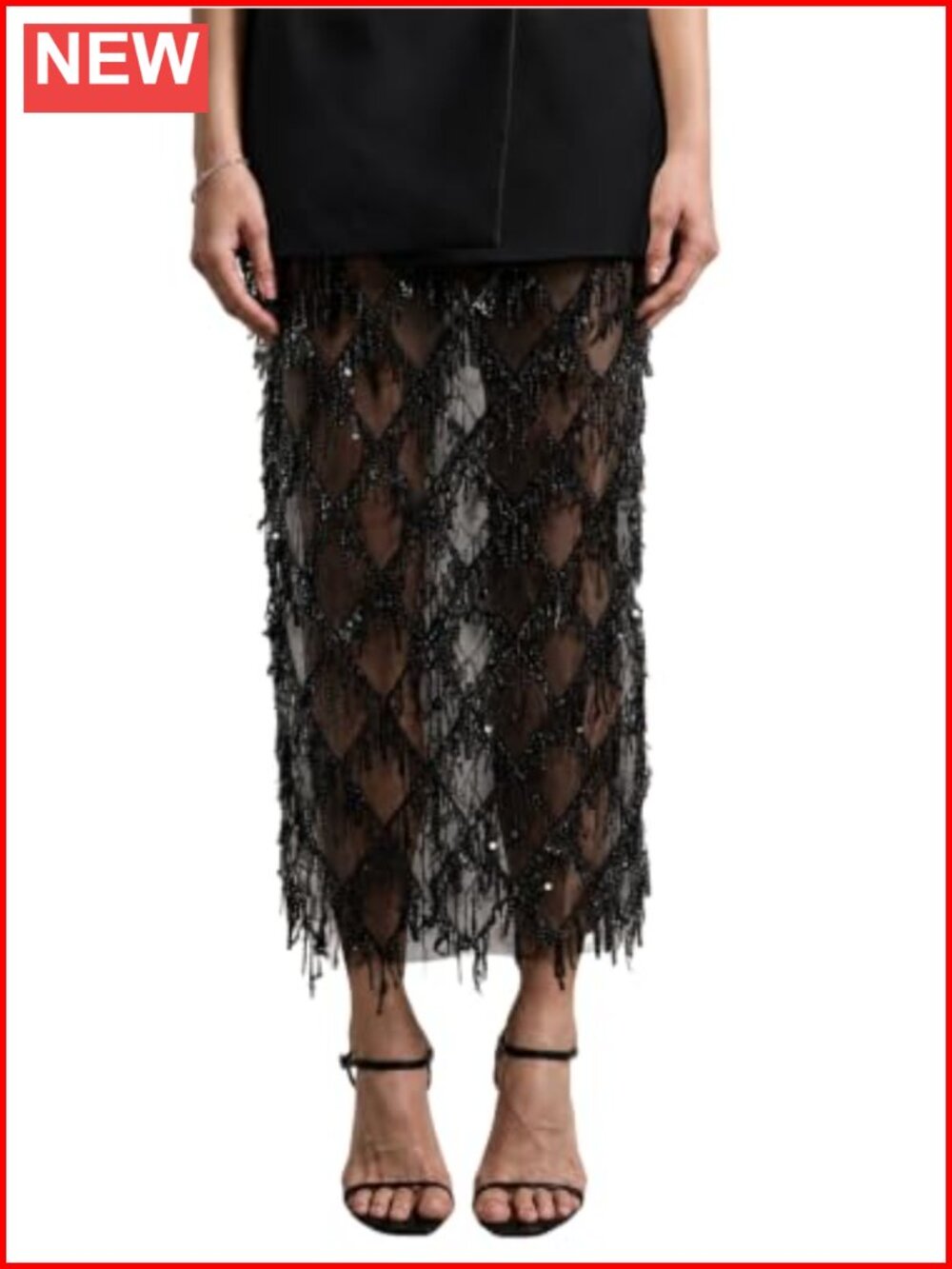 Sequin Fringe Midi Skirt Sparkly Side Split Glitter Pencil Shimmer Sheer Mesh